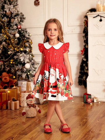 Toddler Girls Retro Blue Dress, Featuring A Peter Pan Collar Design And White Lace Trim
