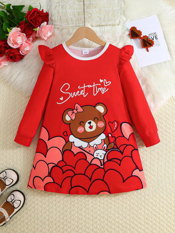 Toddler Girls' Round Neck Long Sleeve Letter & Bear Print Cute Dress, Fashionable, Suitable For Spring & Autumn