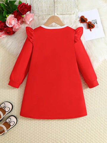 Toddler Girls' Round Neck Long Sleeve Letter & Bear Print Cute Dress, Fashionable, Suitable For Spring & Autumn