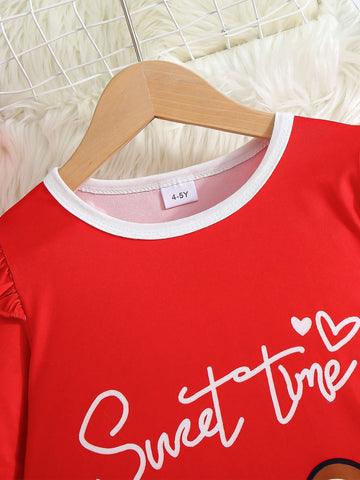 Toddler Girls' Round Neck Long Sleeve Letter & Bear Print Cute Dress, Fashionable, Suitable For Spring & Autumn