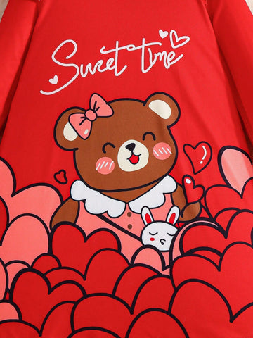 Toddler Girls' Round Neck Long Sleeve Letter & Bear Print Cute Dress, Fashionable, Suitable For Spring & Autumn