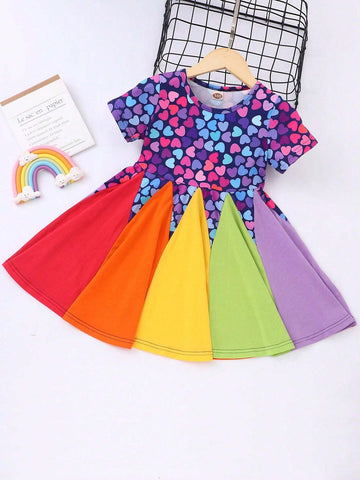 Toddler Girls" Round Neck Short Sleeve Heart Printed Color Patchwork Rainbow Casual Dress