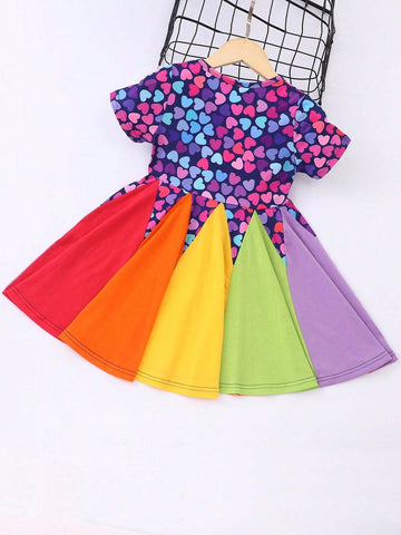 Toddler Girls" Round Neck Short Sleeve Heart Printed Color Patchwork Rainbow Casual Dress