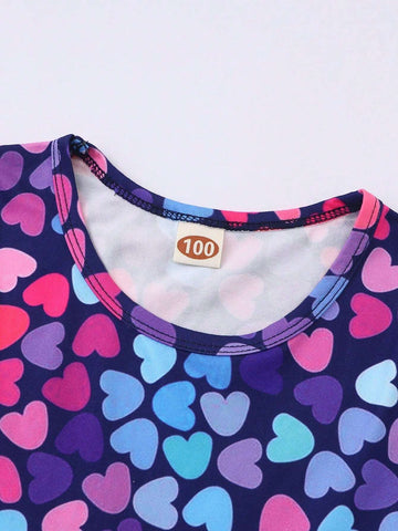 Toddler Girls" Round Neck Short Sleeve Heart Printed Color Patchwork Rainbow Casual Dress