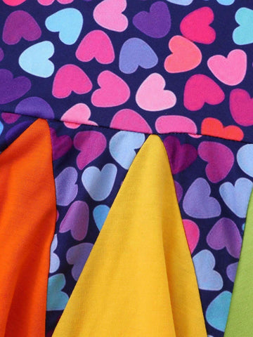 Toddler Girls" Round Neck Short Sleeve Heart Printed Color Patchwork Rainbow Casual Dress