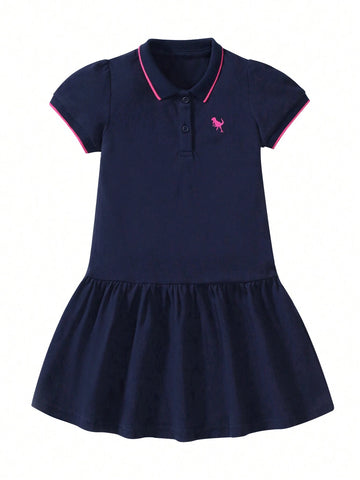 Toddler Girls" Short Sleeve Summer Dress, Round Neck Cartoon Animal Pattern, Random Print, Casual, Comfortable, Fashionable School Dress, 2-7 Years Old