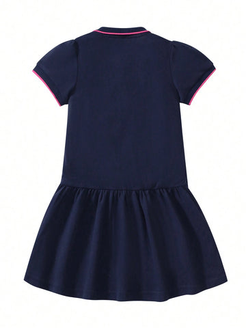 Toddler Girls" Short Sleeve Summer Dress, Round Neck Cartoon Animal Pattern, Random Print, Casual, Comfortable, Fashionable School Dress, 2-7 Years Old