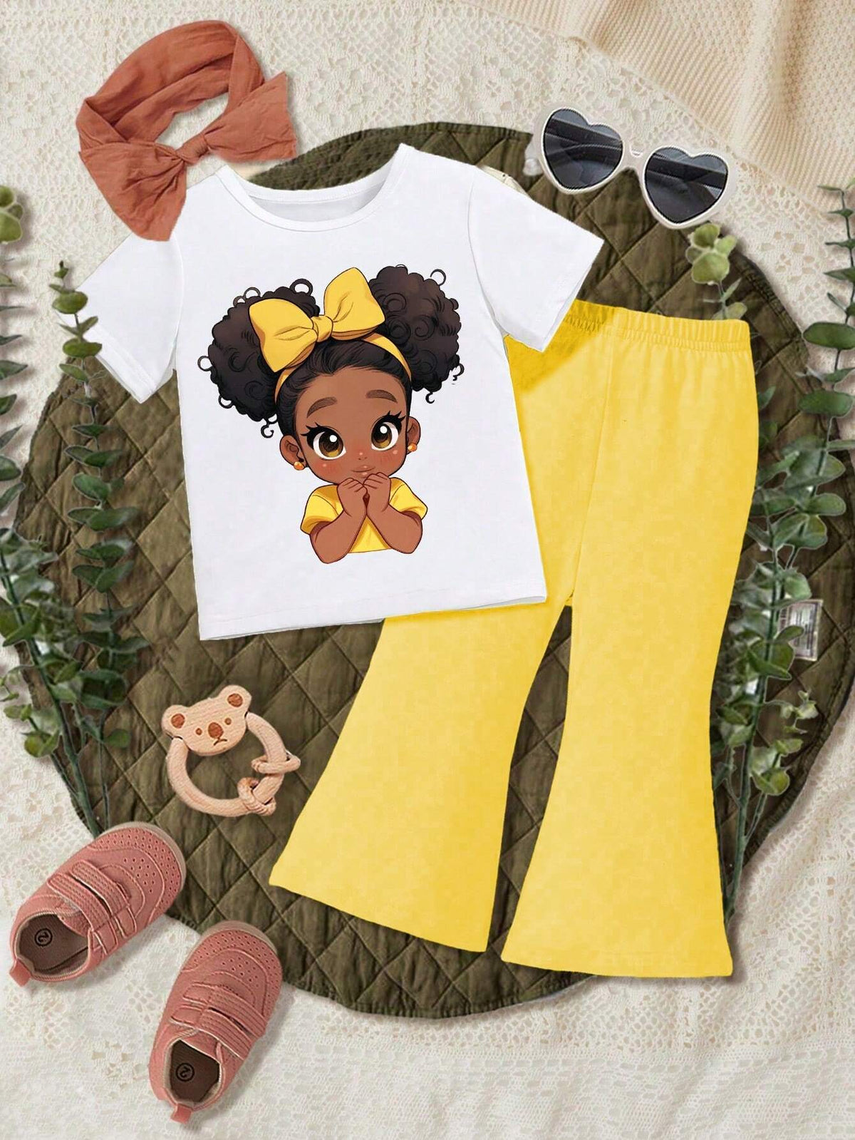 Toddler Girls" Short Sleeve T-Shirt And Shorts Printed Simple Two-Piece Set