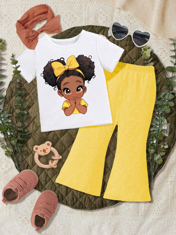 Toddler Girls" Short Sleeve T-Shirt And Shorts Printed Simple Two-Piece Set