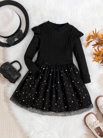 Toddler Girls' Simple High-End Little Black Dress, Knitted Twist Flower Fabric Small Cap Sleeve Design, Mesh Skirt With Glitter Sequins, Includes Matching Hat, Suitable For Daily Wear, Parties And Dances, Autumn/Winter