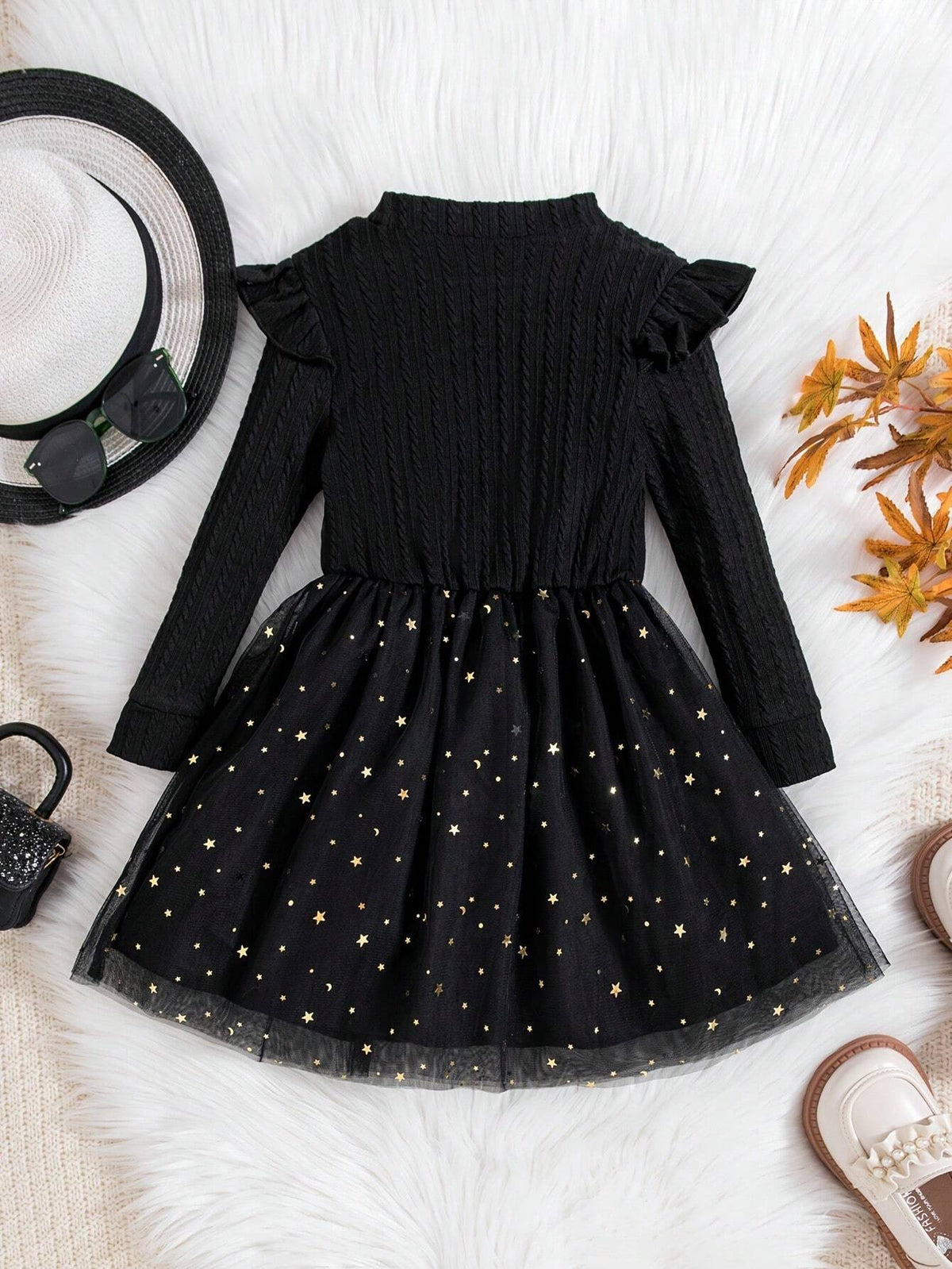 Toddler Girls' Simple High-End Little Black Dress, Knitted Twist Flower Fabric Small Cap Sleeve Design, Mesh Skirt With Glitter Sequins, Includes Matching Hat, Suitable For Daily Wear, Parties And Dances, Autumn/Winter