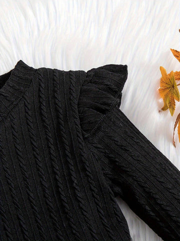Toddler Girls' Simple High-End Little Black Dress, Knitted Twist Flower Fabric Small Cap Sleeve Design, Mesh Skirt With Glitter Sequins, Includes Matching Hat, Suitable For Daily Wear, Parties And Dances, Autumn/Winter