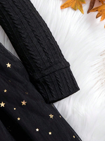 Toddler Girls' Simple High-End Little Black Dress, Knitted Twist Flower Fabric Small Cap Sleeve Design, Mesh Skirt With Glitter Sequins, Includes Matching Hat, Suitable For Daily Wear, Parties And Dances, Autumn/Winter