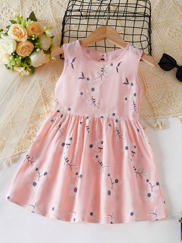 Toddler Girl's Sleeveless Fashion Summer Pink Morning Glory Flower Pattern Casual Princess Dress