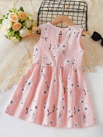 Toddler Girl's Sleeveless Fashion Summer Pink Morning Glory Flower Pattern Casual Princess Dress