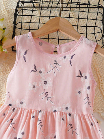 Toddler Girl's Sleeveless Fashion Summer Pink Morning Glory Flower Pattern Casual Princess Dress