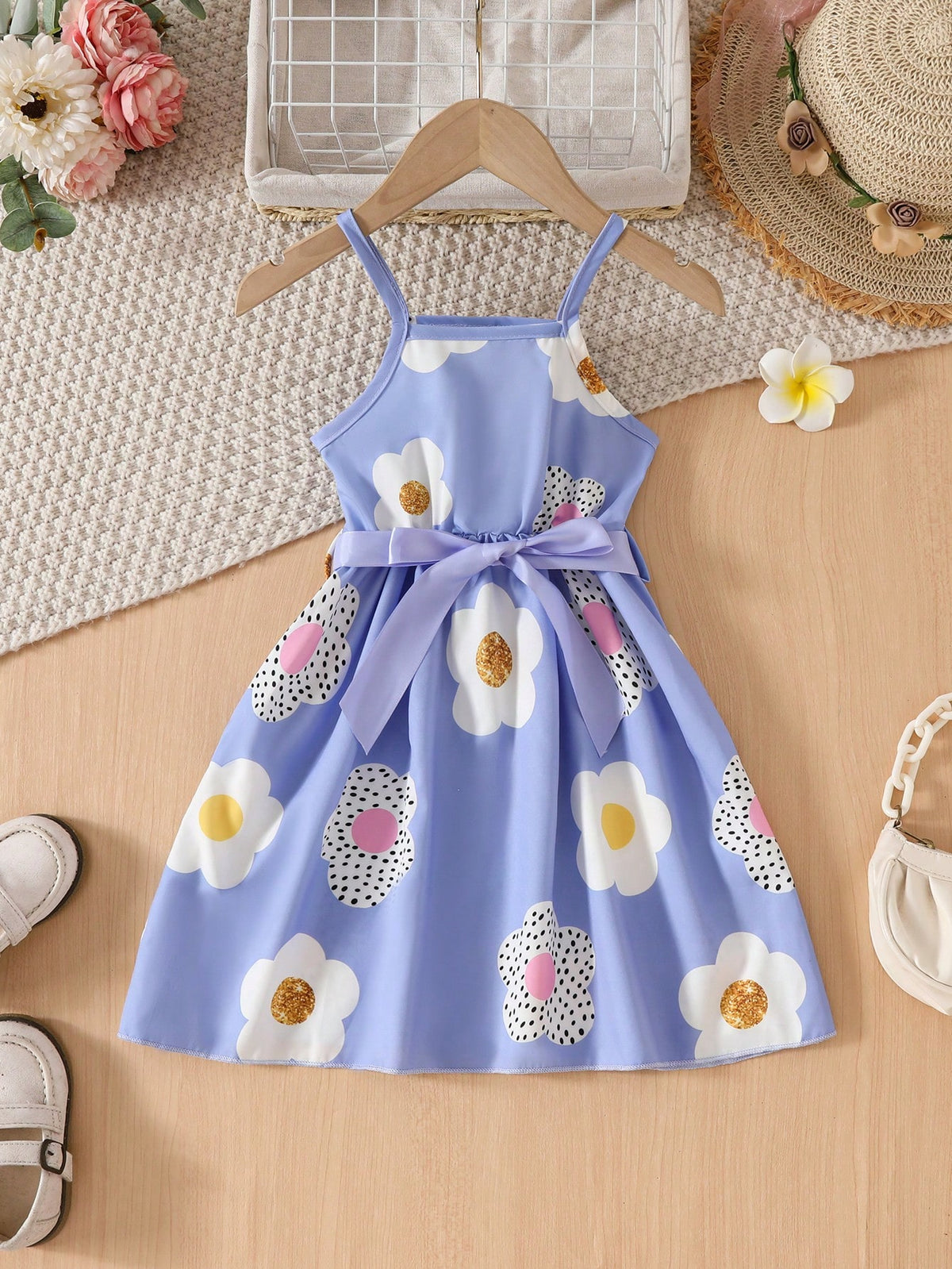 Toddler Girls Sleeveless Floral Print Cute Sweet Purple Mini Dress With Ribbon, Summer