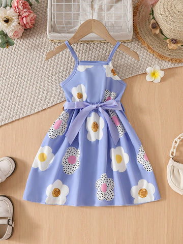 Toddler Girls Sleeveless Floral Print Cute Sweet Purple Mini Dress With Ribbon, Summer