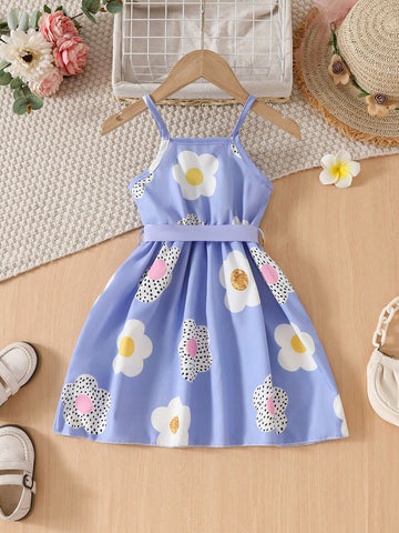 Toddler Girls Sleeveless Floral Print Cute Sweet Purple Mini Dress With Ribbon, Summer