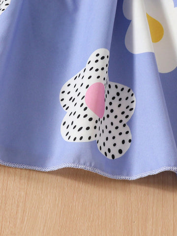 Toddler Girls Sleeveless Floral Print Cute Sweet Purple Mini Dress With Ribbon, Summer