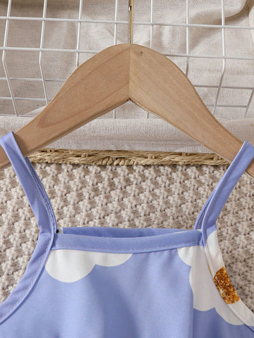 Toddler Girls Sleeveless Floral Print Cute Sweet Purple Mini Dress With Ribbon, Summer