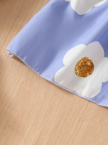 Toddler Girls Sleeveless Floral Print Cute Sweet Purple Mini Dress With Ribbon, Summer