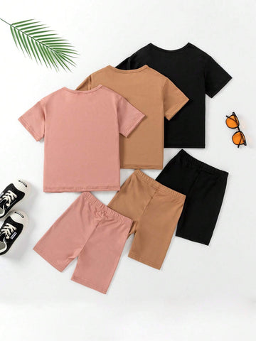 Toddler Girls Solid Color Short Sleeve And Shorts 2 Piece Casual Set, Summer