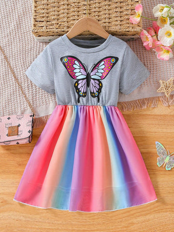 Toddler Girls' Summer Casual Butterfly Printed Short Sleeve Dress With Round Neckline
