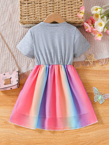 Toddler Girls' Summer Casual Butterfly Printed Short Sleeve Dress With Round Neckline