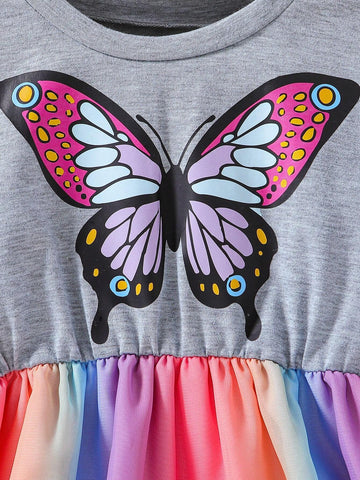 Toddler Girls' Summer Casual Butterfly Printed Short Sleeve Dress With Round Neckline