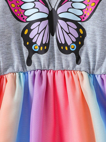 Toddler Girls' Summer Casual Butterfly Printed Short Sleeve Dress With Round Neckline