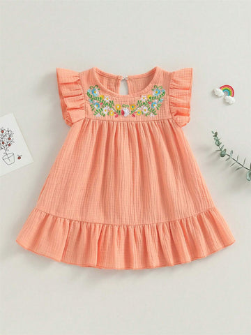 Toddler Girls Summer Casual Dress Flying Sleeve Crewneck Floral Embroidery Princess Dress
