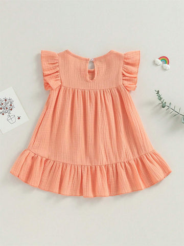 Toddler Girls Summer Casual Dress Flying Sleeve Crewneck Floral Embroidery Princess Dress