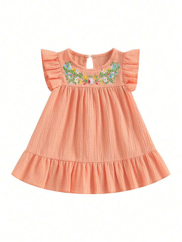 Toddler Girls Summer Casual Dress Flying Sleeve Crewneck Floral Embroidery Princess Dress