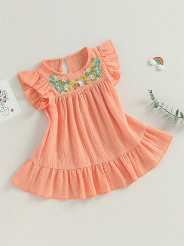 Toddler Girls Summer Casual Dress Flying Sleeve Crewneck Floral Embroidery Princess Dress
