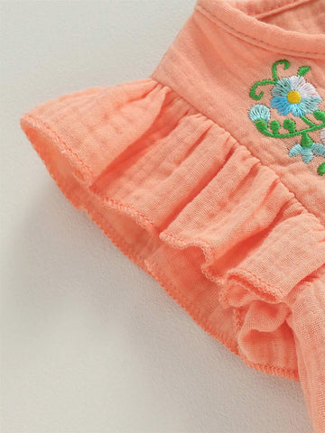 Toddler Girls Summer Casual Dress Flying Sleeve Crewneck Floral Embroidery Princess Dress