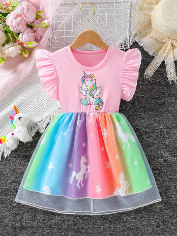Toddler Girls' Summer Casual Unicorn Printed Sleeveless Dress With Ruffle Hem
