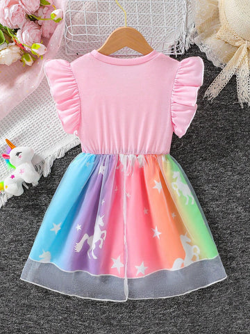 Toddler Girls' Summer Casual Unicorn Printed Sleeveless Dress With Ruffle Hem