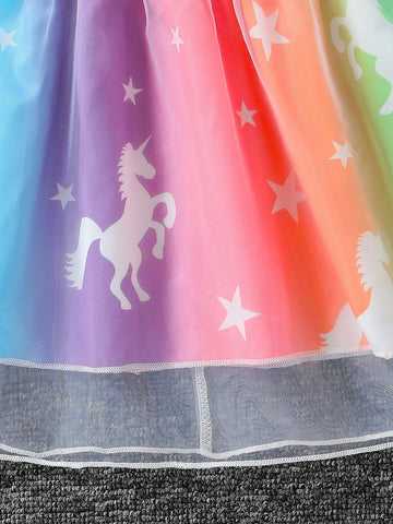 Toddler Girls' Summer Casual Unicorn Printed Sleeveless Dress With Ruffle Hem