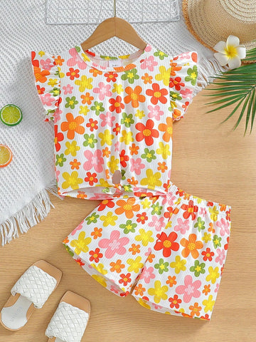 Toddler Girls' Summer Floral Cap Sleeve Top And Shorts Set