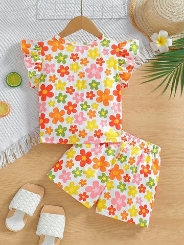 Toddler Girls' Summer Floral Cap Sleeve Top And Shorts Set