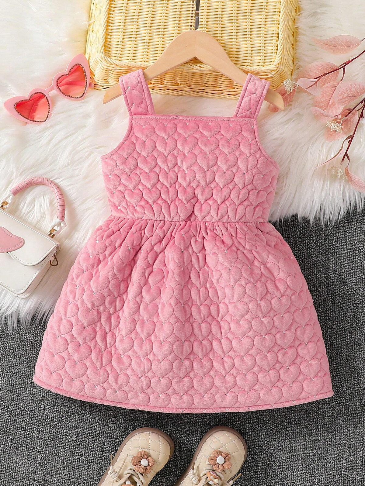 Toddler Girls Sweet Quilted Heart Casual Cotton Sleeveless Dress, Comfortable & Versatile For Layering With T-Shirts, Shirts, Sweaters, Cardigans, Suitable For Party, Casual, Outdoor, Daily Wear In Spring, Autumn, Winter