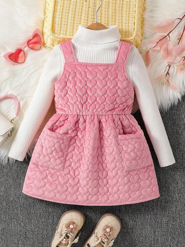 Toddler Girls Sweet Quilted Heart Casual Cotton Sleeveless Dress, Comfortable & Versatile For Layering With T-Shirts, Shirts, Sweaters, Cardigans, Suitable For Party, Casual, Outdoor, Daily Wear In Spring, Autumn, Winter