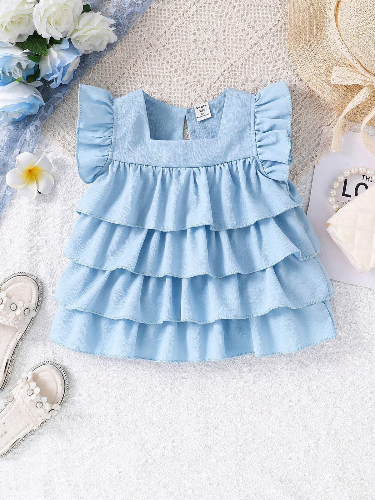 Toddler Girls' Sweet Style Lotus Leaf Edge Fly Sleeve Square Neck Blouse Vest Top With Straps For Summer