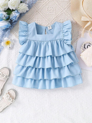 Toddler Girls' Sweet Style Lotus Leaf Edge Fly Sleeve Square Neck Blouse Vest Top With Straps For Summer