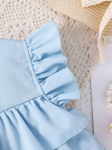 Toddler Girls' Sweet Style Lotus Leaf Edge Fly Sleeve Square Neck Blouse Vest Top With Straps For Summer