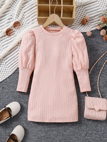 Toddler Girls Sweet & Elegant Puff Sleeve Jacquard Knitted Dress, Suitable For Casual, Travel, Street, Holiday, Daily Wear, Spring, Autumn And Winter