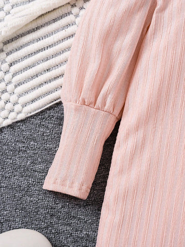 Toddler Girls Sweet & Elegant Puff Sleeve Jacquard Knitted Dress, Suitable For Casual, Travel, Street, Holiday, Daily Wear, Spring, Autumn And Winter