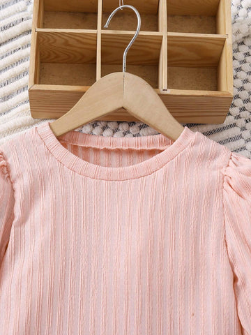 Toddler Girls Sweet & Elegant Puff Sleeve Jacquard Knitted Dress, Suitable For Casual, Travel, Street, Holiday, Daily Wear, Spring, Autumn And Winter