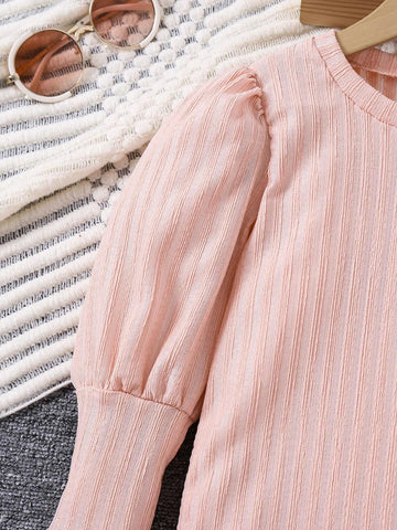 Toddler Girls Sweet & Elegant Puff Sleeve Jacquard Knitted Dress, Suitable For Casual, Travel, Street, Holiday, Daily Wear, Spring, Autumn And Winter